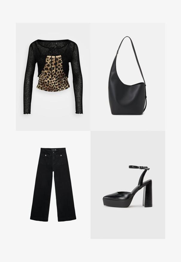 Czarny długi rękaw crop top z teksturowanej, przezroczystej tkaniny oraz przednim panelem w panterkę. Posiada sznurek do regulacji przy dekolcie.; Czarne, szerokie dżinsy z wysokim stanem, z dwoma przednimi kieszeniami i metalowymi guzikami. Tkanina ma gładką fakturę.; Czarne platformy na wysokim obcasie z szpiczastym noskiem i regulowanym paskiem na kostkę. Wykonane z gładkiej skóry, z grubym słupkowym obcasem.; Czarna skórzana torba hobo o gładkiej fakturze, zaokrąglonym kształcie i pojedynczym, regulowanym pasku; posiada szerokie otwarcie na górze.
