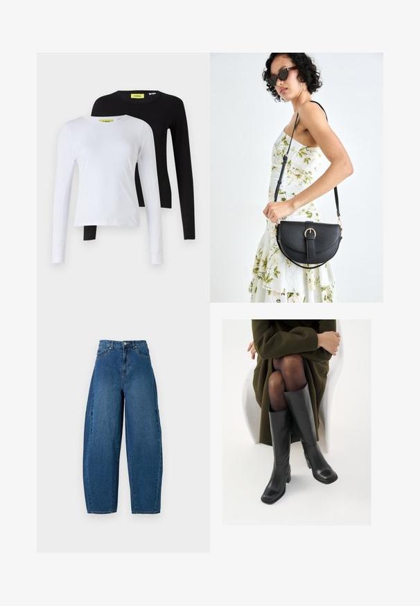Két darab hosszú ujjú felső szett, az egyik fehér, a másik fekete. Mindkettő kerek nyakú, sima tapintású és slim fit dizájnnal rendelkezik. Címkék neon sárga színben.; Közepes kék mosású farmernadrág, magas derékkal, széles lábszárral és hagyományos öt zsebes kialakítással, látható varrási részletekkel.; Térdfelett érő fekete bőr csizmák négyzet alakú orral és tömbtalppal, olajzöld kabátban ülő modellel bemutatva. Simaság, minimalista részletezés.; Fekete bőrtáska ívelt formával, levehető pánttal és arany színű fémrészekkel. A táskán egy csattal díszített fedél található.