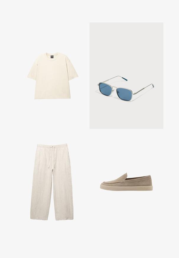 Overdimensioneret beige T-shirt lavet af blød bomuld, med rund hals, korte ærmer og ren, enkel syning. Ingen mønstre eller grafik.; Linnedragt i lys beige med elastisk talje og snøre, vid bendesign og sidelommer. Glat tekstur.; Beige ruskinds slip-on sko med afrundet tå, lavprofil design og en struktureret overflade. Har en diskret syning langs overdelen.; Solsorte med en sølvmetalramme, rektangulære blå linser og tynde stænger. Har blå detaljer på stangens spidser.