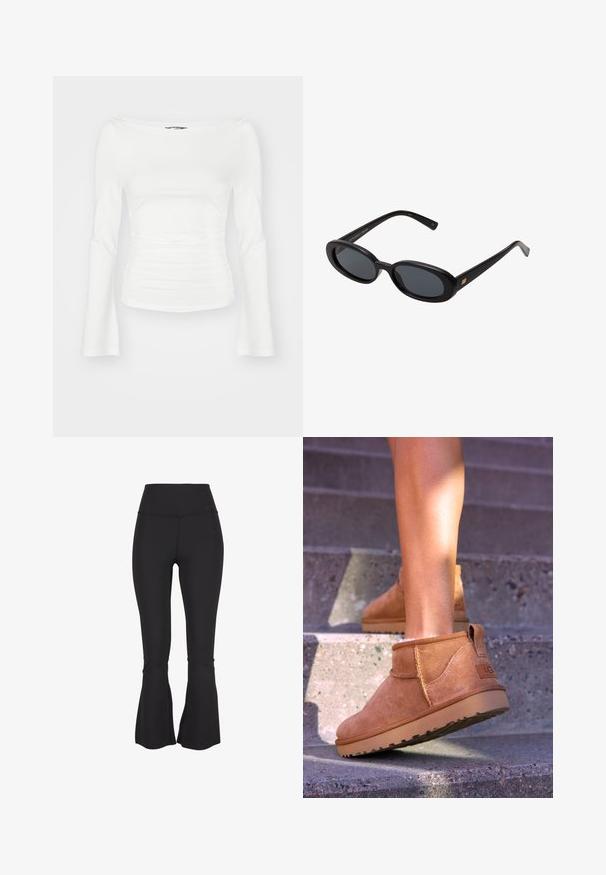 Gina Tricot SOFT TOUCH BOATNECK TOP - Tops ar garām piedurknēm - offwhite; Melnas platās bikses, izgatavotas no elastīga, gluda auduma. Augsts jostasvieta un iegriezumi bikšu apakšā kā dizaina detaļa.; Dzeltenbrūnas zamšādas potīšu zābaciņi ar mīkstu tekstūru, izšūtu apdari un gumijas zoli, kas aprīkoti ar cilpu uz papēža ērtai uzvilkšanai.; Melnu pārspīlēto saulesbrilles ar ovālām lēcām, gludu plastmasas rāmja un zelta akcentiem uz tempļiem. Tumšie lēcas nodrošina saules aizsardzību.