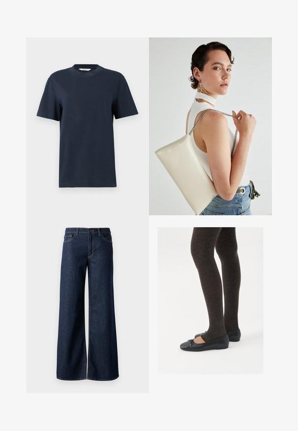 Jūras zilas īsām piedurknēm T-krekls no kokvilnas, ar apaļu kakla izgriezumu un brīvu piegriezumu ar minimālu apdari.; Platas kājas džinsi tumši zilā denima krāsā. Iespējas ir kontrastējošās vīles, piecas kabatas un pogu aizdare jostasvietā. Gluda tekstūra.; Melnas plakano formas kurpes ar mazu loku uz pirksta, apvienotas ar tumši brūnām ribotām zeķubiksēm. Kurpēm ir gluda tekstūra un zems profils.; Balts taisnstūra clutch soma, izgatavota no spīdīga materiāla, ar sudraba ķēdes siksnu. Modelis pozē, demonstrējot somu uz vienkārša fona.