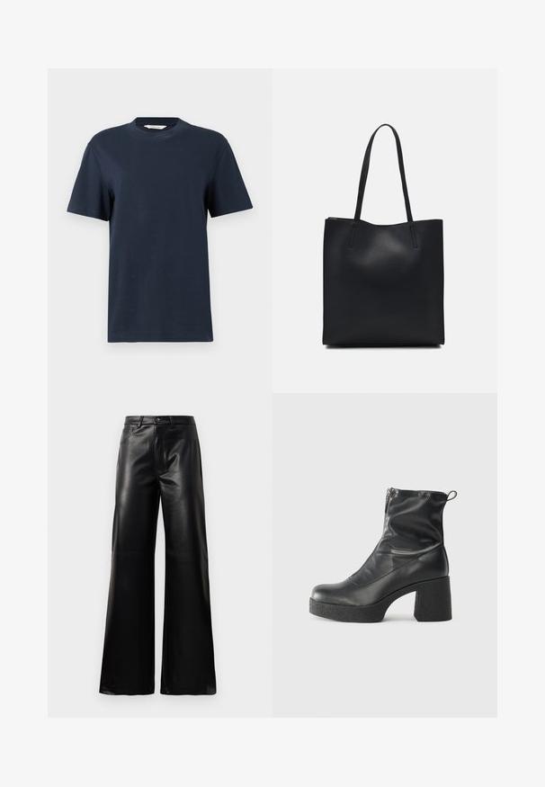 Tamsiai mėlynas trumpomis rankovėmis marškinėliai, pagaminti iš medvilnės, su apvaliu iškirpimu ir laisvu kirpimu, turintys minimalų dekorą.; Juodos aukšto juosmens plačios kojų dirbtinės odos kelnės su priekiniais mygtukais, užtrauktuku, diržo kilpomis ir šoninėmis kišenėmis ant balto fono.; Juodos kulkšninių botai, pagaminti iš lygaus odos, su šoniniu užtrauktuku, masyviu tekstūruotu kulnu ir apvaliu pirštu.; Juodas odinis tote krepšys su lygia tekstūra, stačiakampio formos ir dviem ilgais rankenomis. Matomų metalinių detalių ar puošybos nėra.