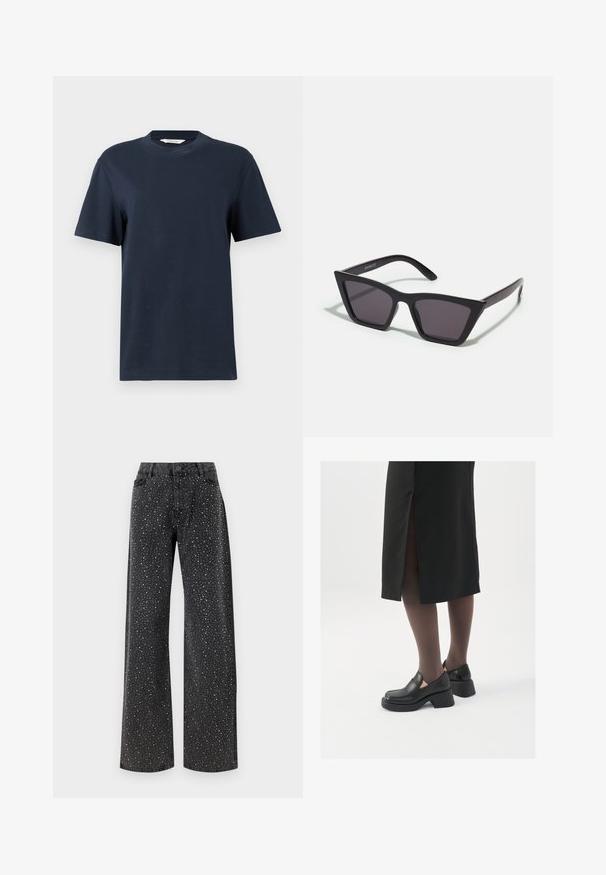 Marineblå T-shirt med korte ærmer lavet af bomuld, med rund halsudskæring og en afslappet pasform med minimal detaljer.; Noisy May NMJANNEL LOOSE - Jeans Relaxed Fit - black denim; Sorte lædersko med rund tå, kraftig blokhæl og elastiske sideaccentuer, parret med mørke strømpebukser og en sort nederdel med slids.; Sorte, kantede solbriller med grå linser; lavet af plast, med tykke stænger med en glat overflade og ingen synlig hardware.; Sølvøreringe med et minimalistisk design. Cirkulær form, glat tekstur og tynd profil. Letvægtige med en poleret overflade.