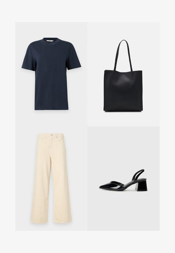 Navy blue short-sleeve T-shirt made from cotton, featuring a round neckline and a relaxed fit with minimal detailing.; Beige wide-leg jeans made of cotton. Features a button closure, belt loops, and front pockets with a smooth, soft texture.; Black patent leather slingback heels with a pointed toe and a geometric block heel. Features a sleek, minimal design and smooth texture.; Black leather tote bag with smooth texture, rectangular shape, and two long handles. No visible hardware or embellishments.