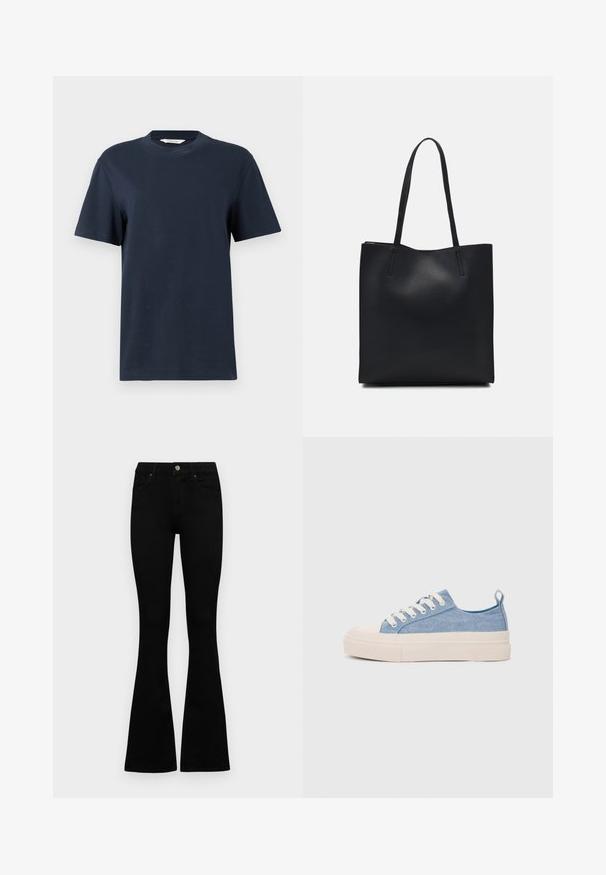 T-shirt azul-marinho de manga curta, feito de algodão, com decote redondo e um corte descontraído, apresentando detalhes mínimos.; Jeans pretos de cintura alta com fecho de botão e zíper, bolsos frontais e pernas largas dispostos em cima de um fundo branco.; Ténis de lona azul claro com uma biqueira e sola de borracha creme, apresentando atacadores brancos e uma alça na parte de trás.; Bolsa tote preta em couro com textura lisa, forma retangular e duas alças longas. Sem hardware ou enfeites visíveis.