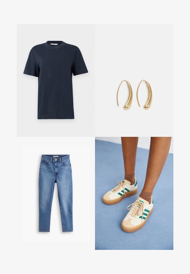 Tamsiai mėlynas trumpomis rankovėmis marškinėliai, pagaminti iš medvilnės, su apvaliu iškirpimu ir laisvu kirpimu, turintys minimalų dekorą.; Mėlynos moteriškos džinsinės kelnės su aukštu liemeniu, priekyje esančiu užsegimu ir užtrauktuku, diržo kilpomis ir penkių kišenių dizainu, išdėstytos ant balto fono.; Kreminių spalvos sportbačiai su tamsiai žaliais dryžiais, guma padidurta, zomšinė ir tekstilinė viršutinė dalis, bei neutraliomis detalėmis, derinami su rudomis kojinėmis ant šviesiai mėlynos dangos.; Auksinės metalinės auskarų kabės su lenktą, pailgą forma. Turi lygų, blizgantį paviršių ir užapvalintą galiuką papildomam akcentui.