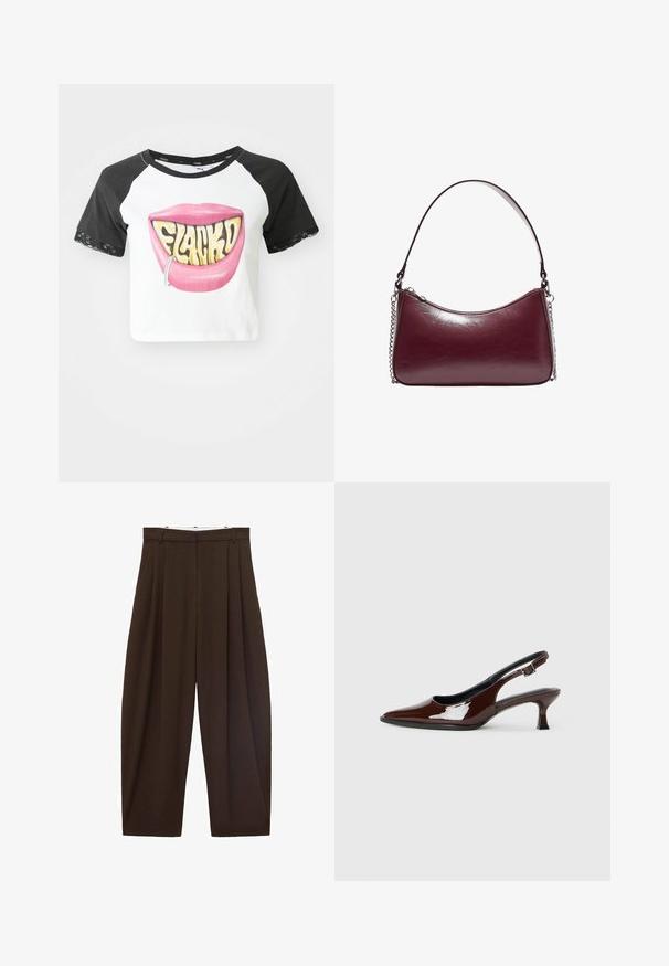 Crop top s černými raglánovými rukávy, bílým tělem, s velkou grafikou růžových rtů a textem "FLACKD" a stříbrným kroužkem na rtech. Krajkové akcenty na rukávech.; Hnědé kalhoty s vysokým pasem a sklady, vyrobené z hladké látky. Volný střih, rovné nohavice, obsahující poutka na opasek a zip.; Hnědé lakované kožené slingback boty s špičatou špičkou a mírným podpatkem. Disponují přezkou pro bezpečné upevnění. Hladký povrch.; Burgundská kožená kabelka s zakřiveným tvarem, na zip a s řetízkem jako akcentem na popruhu. Hladký povrch s mírným leskem.