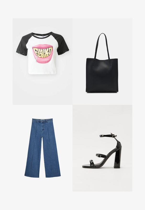 Crop top s crnim raglan rukavima, bijelim tijelom, s velikom grafikom ružičastih usana i tekstom "FLACKD" te srebrnim naušnicama na usnama. Čipkane akcenti na rukavima.; Široke traperice u srednje plavoj boji, s visokim strukom, zatvaranjem na dugme i kontrastnim vertikalnim šavovima duž prednje strane.; Crne lakirane sandale na pete sa kvadratnim nosom, trakama oko gležnja i srebrnim kopčama. Imaju čvrst blok petu za stabilnost.; Crna kožna torba za nošenje s glatkom teksturom, pravokutnim oblikom i dvije duge ručke. Nema vidljivih metalnih dijelova ili ukrasa.