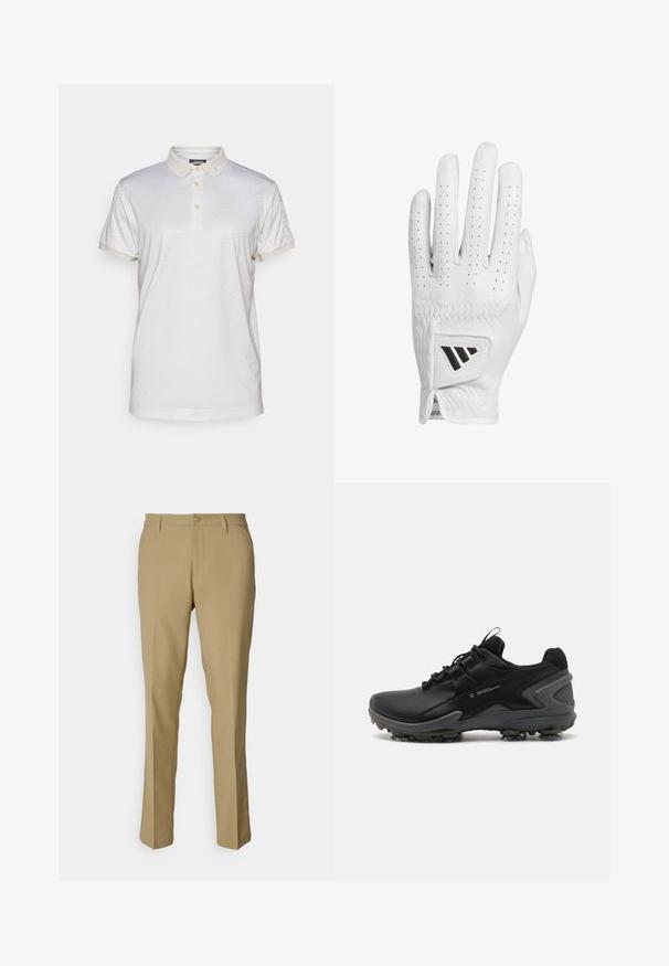 T-shirt polo z kołnierzykiem w jasnym beżu z subtelnym geometrycznym wzorem. Posiada trzy guziki przy dekolcie i podwinięte mankiety, wykonany z miękkiego materiału.; Khaki spodnie wykonane z gładkiego materiału, z klasycznym krojem, prostymi nogawkami, zapięciem na guzik oraz dwiema bocznymi kieszeniami.; Czarne buty sportowe z gładką syntetyczną cholewką, teksturowanym kołnierzem z siateczki oraz gumową podeszwą z formowanymi kolcami zapewniającymi przyczepność.; Biała skórzana rękawica golfowa z perforowanymi palcami, teksturowanym przeszyciem i czarnym logo na nadgarstku. Slim fit, zapewniająca dobry chwyt.