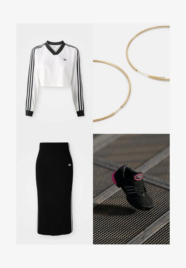 White long-sleeve cropped top with a black V-neck, contrasting black cuffs, and three black stripes on each sleeve. Small logo on the chest.; Black ribbed midi skirt with a fitted design, featuring white side stripes and a small white emblem on the left side.; Black athletic shoe with mesh upper, pink accents, and black striped details. Features a textured outsole and a logo label on the heel.; Gold-colored hoop earrings, thin and round in shape, with a smooth metallic finish and no embellishments or patterns.