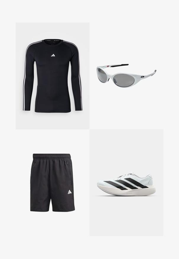 Svart långärmad träningsskjorta med en figursydd design. Har en vit Adidas-logotyp på bröstet och vita ränder längs axlarna.; Svarta sportshorts med elastisk midja, sidofickor med dragkedja och en vit logotyp på vänster ben. Lätta, släta i texturen.; Lätta löparskor i ljusblått med svarta ränder. Har en slät ovandel, rund tå och tjock vit mellansula märkt "LIGHTSTRIKE PRO."; Vita plastsolglasögon med stora ovala linser, gråtonade. Har svarta örongrepp och en liten logotyp på ramen. Slät yta.