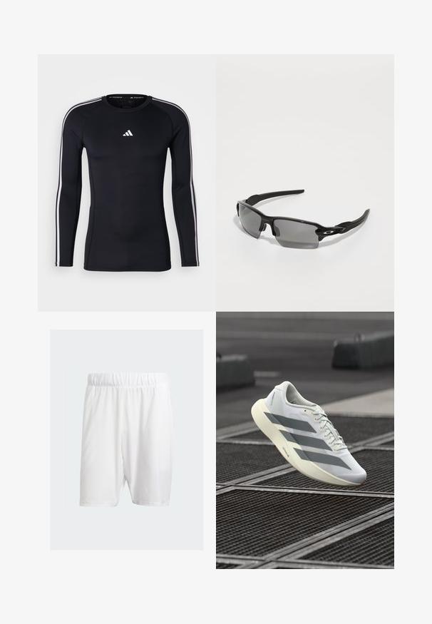 Zwart atletisch shirt met lange mouwen en een getailleerd ontwerp. Kenmerkt zich door een wit Adidas-logo op de borst en witte strepen langs de schouders.; Witte sportshorts van lichtgewicht stof, met een elastische tailleband, een gladde textuur en een knielengte.; Witte sportieve schoen met een bovenwerk van gestructureerd mesh, voorzien van grijze strepen en een dempende zool. Lichtgewicht ontwerp, geschikt om mee te hardlopen.; Zwarte sportzonnebril met grijze lenzen, een gebogen frameontwerp en logo-detail aan de zijkant. Gemaakt van lichtgewicht kunststof materiaal.