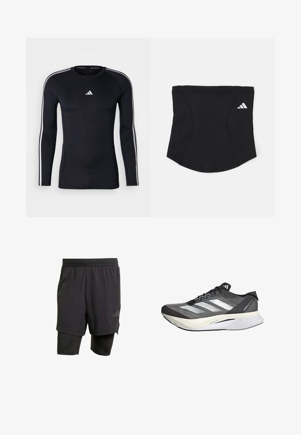 Černé sportovní tričko s dlouhým rukávem a dobře padnoucím střihem. Na hrudi se nachází bílé logo Adidas a bílé pruhy podél ramen.; Černé sportovní šortky s integrovanou vnitřní vrstvou, vyrobené z prodyšné tkaniny. Obsahují nenápadné logo a strukturovanou texturu. Nastavitelný pas.; Černobílé sportovní boty s síťovaným svrškem, obsahují tři bílé pruhy, výraznou podrážku označenou "LIGHTSTRIKE PRO" a aerodynamický design.; Černý sportovní potítko s hladkým povrchem, zakřiveným tvarem a elastickou horní částí. Obsahuje malé bílé logo Adidas na boku.