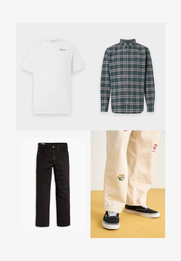Bílý bavlněný tričko s krátkým rukávem a kulatým výstřihem, na levé straně hrudi s černým logem "Pompeii". Měkká, hladká textura.; Zelená flanelová košile s kostkovaným vzorem, která obsahuje modré, bílé a hořčičně žluté pruhy. Zapínání na knoflíky a špičatý límec. Dlouhé rukávy.; Černé džíny rovného střihu s pěti kapsami, zapínáním na knoflík a poutky na opasek, položené na bílém pozadí.; Béžové bavlněné kalhoty s hravými vyšívanými vzory, včetně růžové postavičky a barevného bloku, v kombinaci s černými šněrovacími teniskami.