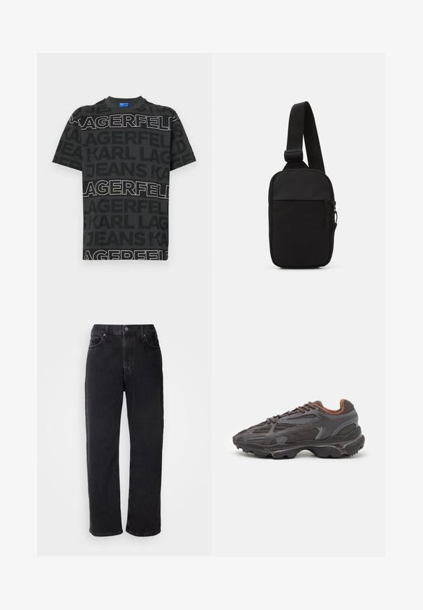 Svart t-shirt med kontrasterande vit text. Inkluderar upprepad branding i olika typsnitt och storlekar. Kort ärm och rund halsringning.; Svarta jeans i denim med rak passform, fem fickor och kontrasterande sömmar. Har knappstängning och bältesöglor vid midjan.; Lacoste-sneakers i mörkgrått med nät och syntetmaterial, med en strukturerad sula och bruna detaljer på kragen och varumärket.; Svart axelväska gjord av slitstarkt tyg, med en justerbar rem, ett zip-försett huvudfack och en framficka.