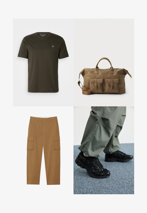 Tricou din bumbac de culoare verde oliv închis, cu guler rotund, mâneci scurte și un mic logo alb "MOP" pe piept. Textură netedă.; Pantaloni cargo maro cu două buzunare laterale, față plată și croială dreaptă. Fabricati dintr-un material durabil, cu o textură netedă.; Adidași negri sport cu texturi lucioase și din plasă, având o talpă groasă și șireturi, asortați cu pantaloni cargo largi de culoare verde măsliniu.; Geantă de voiaj din piele maro, cu două buzunare frontale, curea de umăr ajustabilă, accesorii aurii și mânere superioare rezistente. Textură netedă.