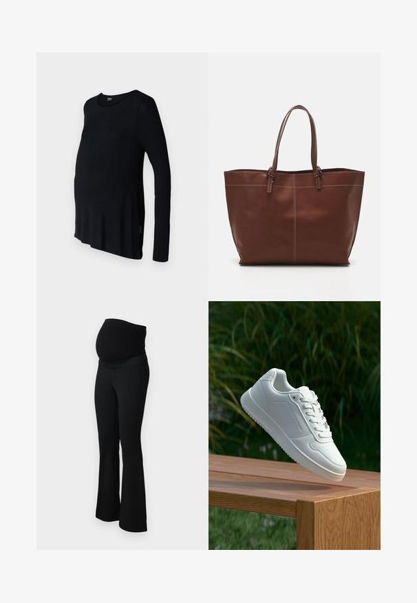 Melnas garas piedurknes grūtniecības blūze, kas izgatavota no gludas auduma, ar brīvu piegriezumu un noapaļotu dekoltē, piemērota augošai vēderam.; ONLY MATERNITY OLMPAIGE - Auduma bikses - black; Baltie sporta apavi ar gludu sintētisku augšpusi, perforētu pirkstu daļu, plakani šņorēm un rakstainu zoli, novietoti uz koka virsmas.; Brūns ādas somas ar divām rokturām, iekļauj kontrastējošas šuves un plašu dizainu, piemērota ikdienas lietošanai.