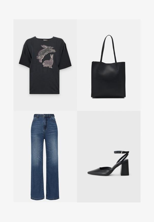 T-shirt nera in cotone con vestibilità ampia, caratterizzata da una stampa grafica di due conigli in bianco e lilla chiaro sul davanti. Maniche corte e scollatura rotonda.; Jeans in denim blu con gamba larga e vita alta, caratterizzati da due accessori a fibbia metallica, sfumature leggere e classico design a cinque tasche.; Pump in pelle nera con punta affusolata, cinturino alla caviglia e tacco spesso. Texture piatta, design elegante ed estetica minimalista.; Borsa tote in pelle nera con texture liscia, forma rettangolare e due manici lunghi. Nessun hardware o decorazione visibile.