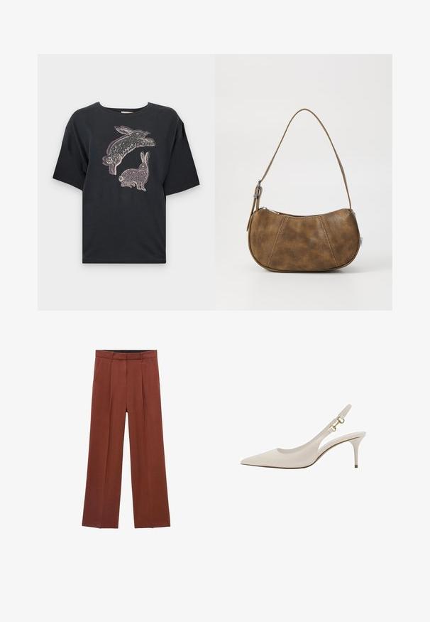 Schwarzes Baumwoll-T-Shirt in lockerer Passform mit einem grafischen Druck von zwei Hasen in Weiß und helllila auf der Vorderseite. Kurze Ärmel und Rundhalsausschnitt.; Weite Hosen in verbranntem Orange, mit flachem Bund, zwei Seitentaschen, Gürtelschlaufen und einem glatten, strukturierten Stoff.; Beige Riemchenpumps aus Leder mit spitzem Zeh, dünnem Absatz und goldenen Hardware-Akzenten am Riemen. Glatte Oberfläche durchgehend.; Braune Kunstleder-Schultertasche mit einer gebogenen Form, einem einzelnen Tragegurt, kontrastierenden Nähten und einem Reißverschluss entlang der oberen Kante.
