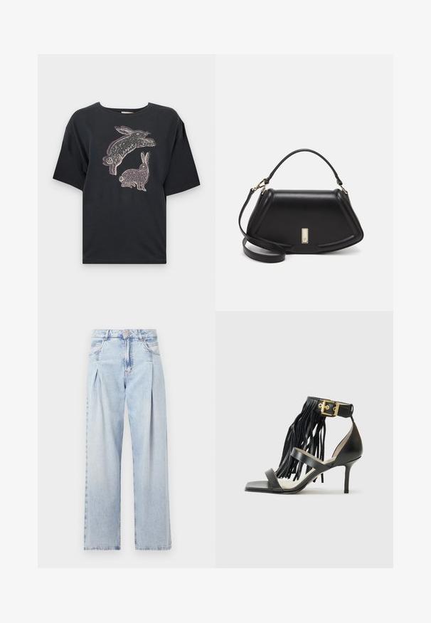 T-shirt nera in cotone con vestibilità ampia, caratterizzata da una stampa grafica di due conigli in bianco e lilla chiaro sul davanti. Maniche corte e scollatura rotonda.; Jeans in denim azzurro chiaro con vita alta, taglio a gamba larga, due tasche laterali e design plissettato. Texture morbida con una finitura sbiadita.; Sandal con tacco alto nero con dettagli frangiati, cinturino alla caviglia con hardware dorato, punta quadrata piatta e due cinture incrociate sulla tomaia.; Borsa a mano in pelle nera con un design strutturato, caratterizzata da una forma corta, manico superiore e accessori in metallo dorato. Inclusa tracolla regolabile.