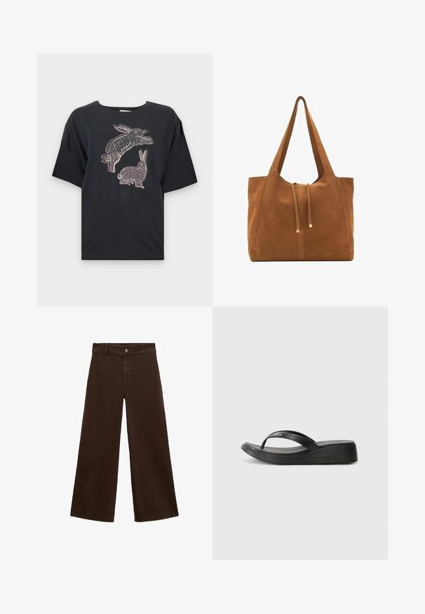 Zwarte katoenen T-shirt met een losse pasvorm, voorzien van een grafische afdruk van twee konijnen in wit en lichtpaars op de voorkant. Korte mouwen en ronde halslijn.; Bruine wijde broek in katoenmix, met een rafelige zoom, sluiting met een knoop aan de voorkant en een klassieke vijf-pocketstijl. Minimalistisch en veelzijdig.; Zwarte flip-flops met rubberen banden en een gestructureerde zool. Heeft een lichte plateau en een comfortabele, gevormde design. Merkennaam is geëmbosseerd.; Bruine suède schoudertas met twee lange hengsels, trekkoordsluiting en minimalistisch ontwerp. Gladde textuur en geen zichtbare hardware-accenten.