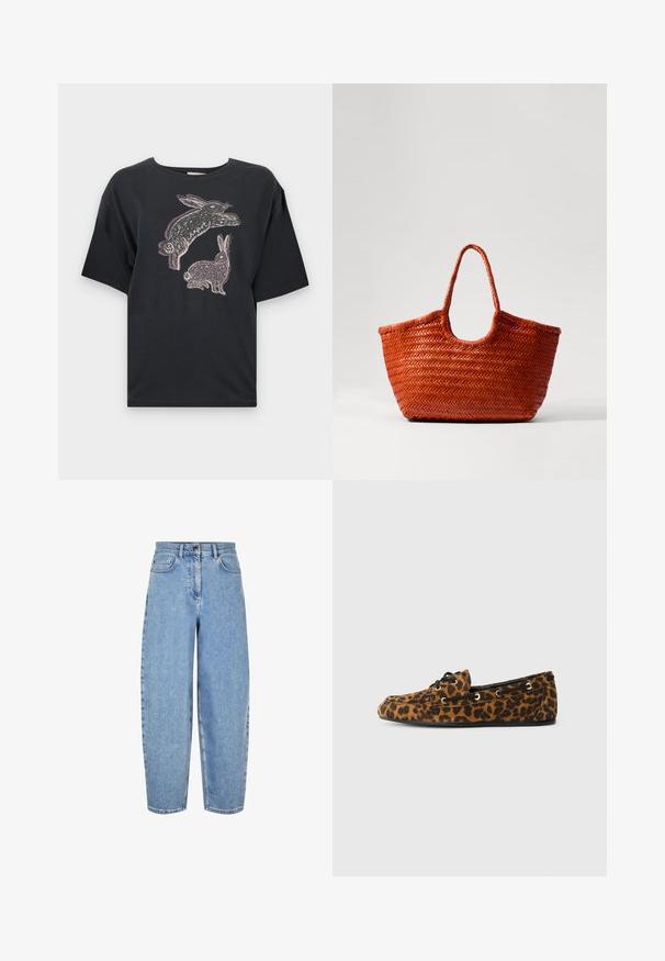 Must must t-särk, millel on lõtv lõige, esiküljel valge ja heleda lilla värviga kahe jänese graafika. Lühikesed varrukad ja ringsuurusest kaelus.; Heledad helesin sinised, kõrge vöökohaga teksad, lõdva istumise ja sirgete jalgadega, viie taskuga ning õrnade pleekimistega reie piirkonnas.; Leopardi mustri loaferid pehme tekstuuri, ümar kuju, mustad paelad ja kuldsed silmad, millel on lame kummist talla.; DRAGON DIFFUSION NANTUCKET BASKET BIG - Käekott - naranja