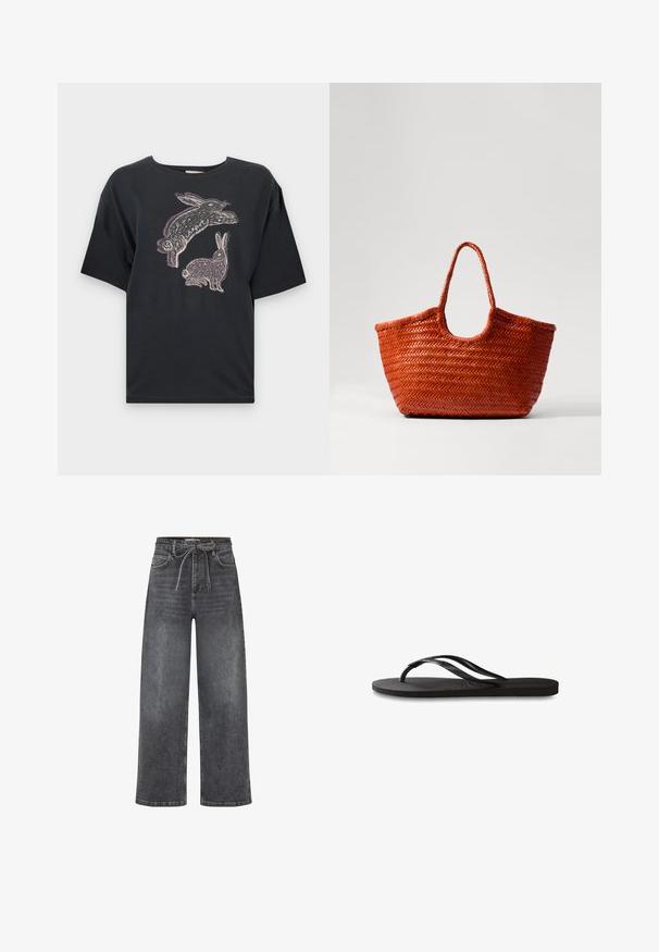 Černé bavlněné tričko s volným střihem, na přední straně s grafickým potiskem dvou králíků v bílé a světle fialové barvě. Krátké rukávy a kulatý výstřih.; Černé džíny s vysokým pasem a širokými nohavicemi, s předními kapsami a látkovým páskem uvázaným do mašle v pase.; Černé žabky s texturovanou gumovou podrážkou, dvěma štíhlými popruhy a jemným, embosovaným logem na popruhu.; DRAGON DIFFUSION NANTUCKET BASKET BIG - Kabelka - naranja