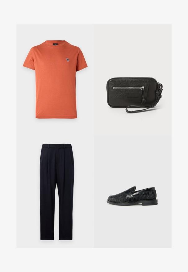 Tricou din bumbac portocalie cu mâneci scurte, guler rotund și un mic design brodat multicolor pe pieptul stâng.; Pantaloni bleumarin cu o croială dreaptă, cu un material texturat, două pliseuri frontale, curea pentru brâu și închidere cu fermoar.; Pantofii negri din material textil, cu accent din piele netedă pe partea superioară, design cu vârf rotund și talpă din cauciuc de profil redus.; Plică din piele neagră cu suprafață texturată, buzunar frontal cu fermoar și curea pentru încheietura mâinii detasabilă. Dispune de un patch cu logo pe față. Formă rectangulară.