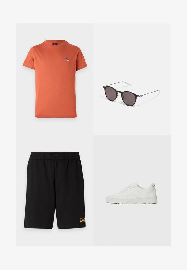 Oranžové bavlnené tričko s krátkymi rukávmi, klasickým výstrihom a malým, viaczloľčným vyšívaným vzorom na ľavej hrudi.; Čierne športové šortky vyrobené z jemného materiálu, s elastickým pásom a malým žltým logom EA7 na dolnej ľavej nohe.; Biele kožené tenisky s hladkým povrchom, okrúly špičkový dizajn, ploché šnúrky a textúrovaná podrážka. Obsahujú jemné logo na päte.; Čierne okrúhle slnečné okuliare s tmavými sklami a tenkými kovovými ramenami. Obsahujú priehľadné konce rámov a strieborné akcenty na pántoch. Minimalistický dizajn.