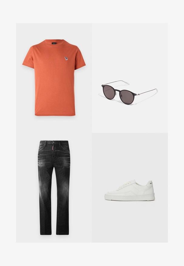 Oranssi puuvillapaita lyhyillä hihoilla, pyöreällä kaula-aukolla ja vasemmassa rinnassa pieni, monivärinen brodeeraus.; Mustat denimfarkut suoralla istuvuudella. Ominaisuuksiin kuuluu haalistuneita alueita, pieniä kulumia, klassinen viiden taskun malli sekä nappisulku.; Valkoinen nahkakenkä, jossa on sileä pinta, pyöreä kärki, tasaiset nauhat ja teksturoitu pohja. Sisältää huomaamattoman logon kantapäässä.; Musta pyöreä aurinkolasit tummilla linsseillä ja kapeilla metallikehyksillä. Sisältää kirkkaat temppelet ja hopeiset yksityiskohdat saranassa. Minimalistinen muotoilu.