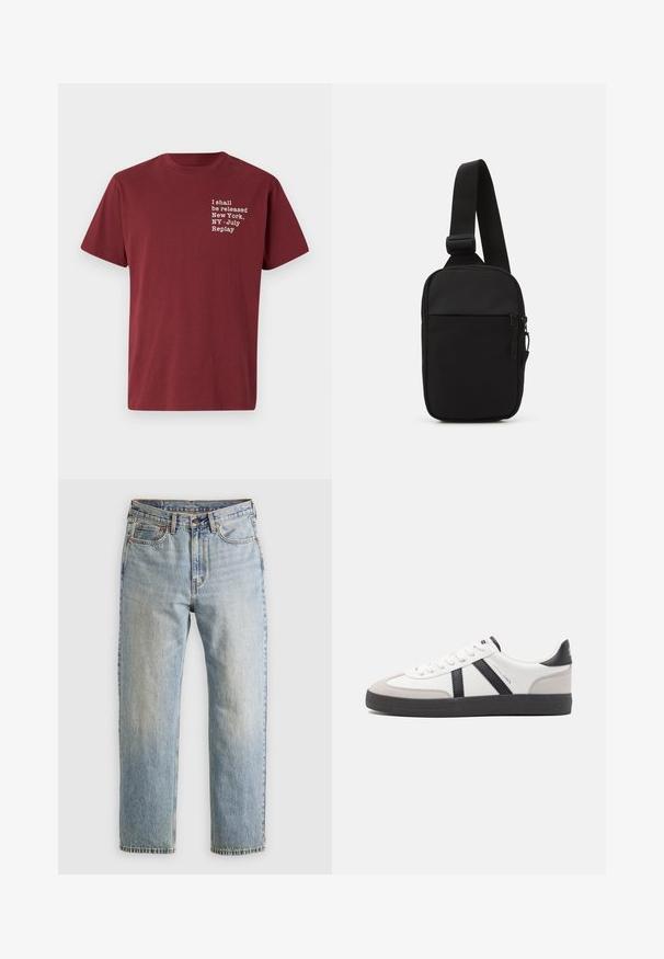 Bordo bombažna majica s kratkimi rokavi in okroglo izreza, z belim napisom: "I shall be released New York, NY - July Replay" na prsih.; Svetlo modri džins hlače z visokim pasom, sprednjim gumbom, zadrgo in petimi žepi, laid flat na nevtralni podlagi.; Bela športna obutev z črnimi in sivo akcenti, z teksturirano sivo kapico za prste, črnim gumijastim podplatom in ravnimi belimi vezalkami. Čista zasnova, minimalistični slog.; Črna torba za čez ramo, izdelana iz trpežnega materiala, z enim nastavljivim trakom, z glavnim predalom na zadrgo in sprednjim žepom.
