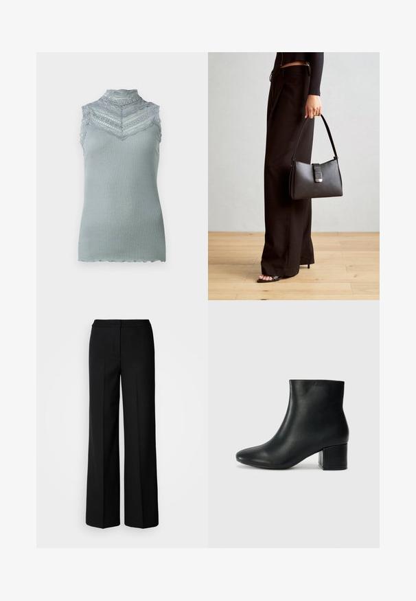 Kätseteta maksa särk heledast hallist ribatud kangast, millel on pitsikirmega äär ja laineline serv ning kihiline pitsimuster rinna piirkonnas.; Mustad laiad püksid siledast kangast, millel on kõrge vöökoht, kohandatud õmblused ja minimalistlik kujundus. Ei ole nähtavat riistvara ega taskuid.; Mustad nahast pahkluu saapad terava varbaga ja jämeda kandaga. Sile tekstuur minimaalse aktsentidega ja stiilne, lihvitud disain.; Must musta kott, millel on struktureeritud kuju, sile tekstuur ja metallist klamber. Kombineeritud laiate mustade pükstega ja avatud varvaste sandaalidega puidust põrandal.