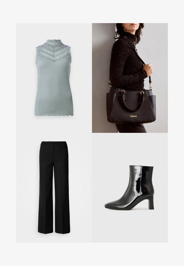 Šviesiai pilka be rankovių marškinėliai su mock neck apykakle, pagaminti iš tekstūruotos medžiagos, turintys nėrinių apdailą, su banguotu kraštu ir sluoksniuotais nėrinių raštais krūtinės srityje.; Juodos plačios kojų kelnės su lygia medžiaga, pasižyminčios aukštu liemeniu, pritaikytais siūlėmis ir minimalistiniu dizainu. Nėra matomų metalo detalių ar kišenių.; Juodos lakuotos odinės aulinukės su smailiu pirštu ir vidutinio aukščio blokuotu kulnu. Lygus paviršius ir minimalistinis dizainas.; Juodas rankinės maišelis su struktūrizuota paviršiumi, dvigubais viršutiniais rankenėlėmis ir reguliuojamu peties diržu. Įrengtas aukso spalvos furnitūra ir šoninės kišenės.