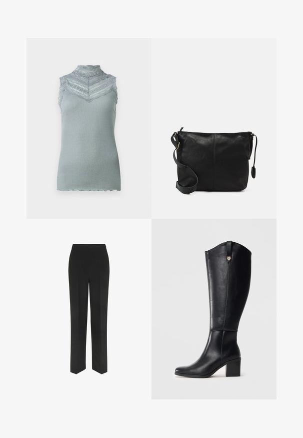 Majica bez rukava s lažnim ovratnikom u svijetlosivoj rebrastoj tkanini s čipkastim detaljima, koja ima zakrivljeni rub i slojeviti čipkasti uzorak preko prsnog dijela.; Crne hlače ravnog kroja, s jednostavnim pojasom i bez vidljivih džepova, prikazane na bijeloj pozadini.; Crne kožne čizmice do koljena sa četvrtastim vrhom i blok petom. Imaju bočni šav i dekorativni metalni detalj na vrhu.; Crna kožna torbica preko tijela s ravnim oblikom, zlatnim detaljima i podešivim remenom. Glatka tekstura s minimalnim detaljima šivanja.