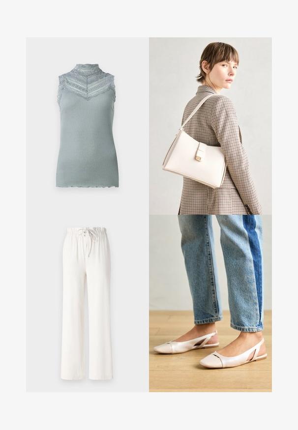 Top brez rokavov z visokim ovratnikom v svetlo sivi rebrasti tkanini z čipkastim robom, ki ima valovit rob in večplastni čipkast vzorec po prsih.; Bele široke hlače iz mehkega materiala, z elastičnim pasom in gladko teksturo. Brez vzorcev ali okrasnih dodatkov.; Svijetloružičaste slingback balerinke s šiljastim nožnim prstima, napravljene od glatkog materijala nalik koži. Imaju izrezane detalje sa strane i ravne pete.; Bela usnjena torba s strukturirano zasnovo, opremljena z magnetnim zapiranjem in naramnico, prikazana na nevtralni ozadju.