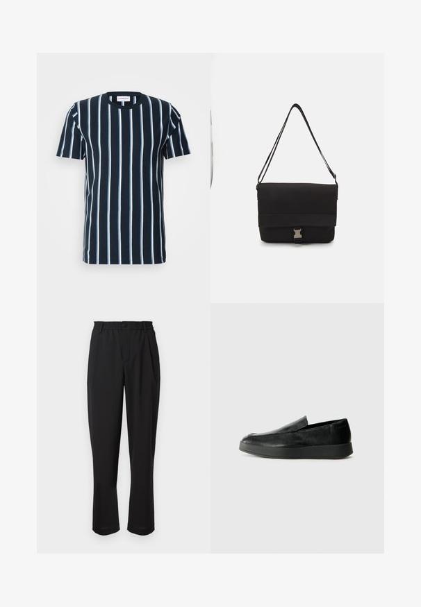 Merete triibuline t-särk, millel on vertikaalsed valged triibud, ümmargune kaelus, lühikesed varrukad ja mugav lõige. Sile puuvillane kangas.; Mustad püksid elastse vöökohtaga, nööbikinnitusega ja sirge lõikega. Sile kangas, ilma nähtavate mustrite või aktsentideta.; Calvin Klein HYBRID CUP - Jalga libistatavad jalanõud - triple black; Mustmust kärjer, mis on valmistatud siledast materjalist, fold-over klapiga, hõbedaste kinnitustega ja reguleeritava õlarihmaga.