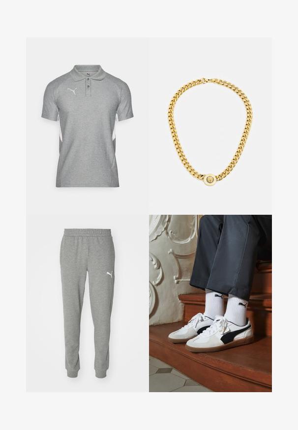 Szary polo z teksturowanym wykończeniem, z kołnierzykiem, dwoma guzikami i białymi akcentami po bokach. Logo na piersi.; Szare dresy wykonane z miękkiej tkaniny, z elastycznym pasem, zwężającymi się nogawkami i białym logo na lewym udzie.; Sneakers Puma w białym i czarnym zamszu, z brązową gumową podeszwą. W połączeniu z białymi skarpetkami z czarnym logo, noszone z ciemnymi spodniami.; Złoty naszyjnik z dużymi, splątanymi ogniwami, z okrągłym wisiorkiem na środku, zawierającym wystający emblemat.