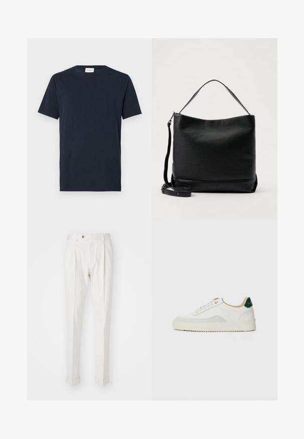 Sötétkék, rövid ujjú póló, puha pamutból készült. Kerek nyakú, egyszerű, letisztult dizájnnal rendelkezik, minták vagy díszítések nélkül.; Fehér, szabott nadrág lapos elülső résszel, két redővel és felgöngyölített szárakkal. Simás anyagból készült, deréknál gombos zárással.; Fehér sneaker suédé részletekkel, kerek orral, lapos fűzőkkel és krémszínű gumitalppal. Zöld logó található a sarkán.; Fekete bőr válltáska texturált felülettel, ívelt tetejével és leválasztható pántjával. Egyszerű dizájn jellemzi, minimális fémalkatrészekkel.