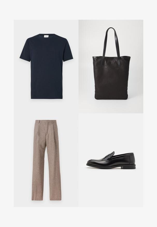 Navy blue short-sleeve T-shirt made from soft cotton. Features a crew neckline and a simple, clean design without patterns or accents.; Brown, high-waisted trousers made of textured fabric. Features wide legs and two front pleats for structure. Neat finish with no visible hardware.; Black leather loafers with a smooth texture, rounded toe, and a decorative strap across the vamp. Low stacked heel, minimalist design.; Black canvas tote bag with black leather handles. Simple design, spacious body, and a smooth texture. No visible logos or patterns.