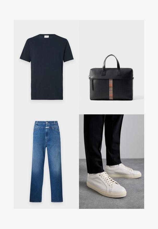 T-shirt azul-marinho de manga curta feito de algodão suave. Apresenta um decote redondo e um design simples e limpo, sem padrões ou acentos.; Jeans de ganga azul com corte reto, apresentando um fecho de botão, passantes para cinto e desbotamento suave nas coxas.; Tênis de couro bege claro com atacadores planos, uma superfície texturizada e uma sola de borracha creme contrastante, combinados com calças pretas ajustadas.; Paul Smith BAG FOLIO UNISEX - Pasta - black