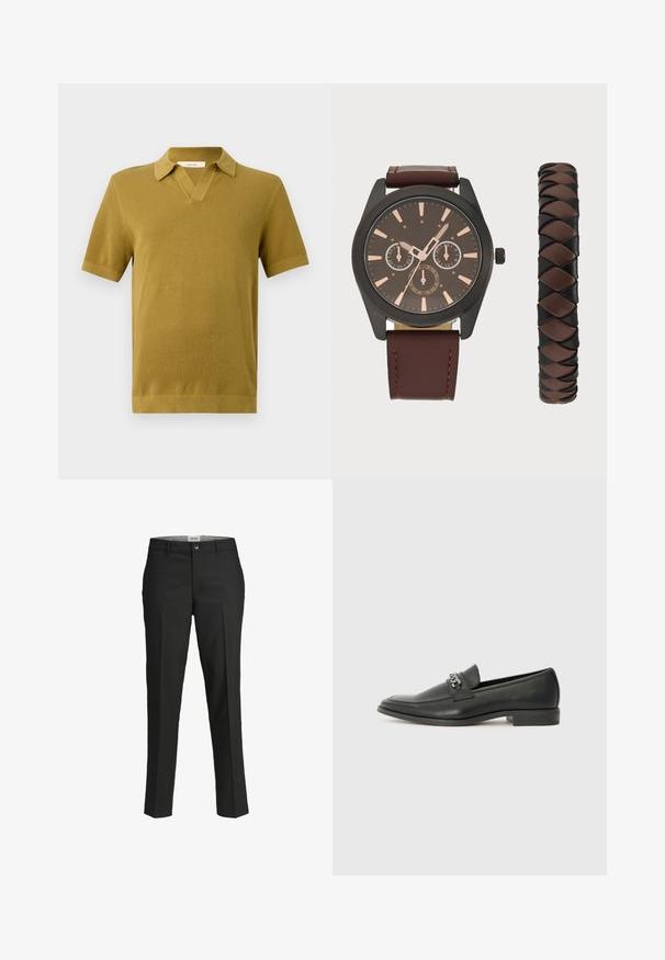 Lühikeste varrukatega polo särk sinepikollases värvitoonis, millel on tekstureeritud kudum, V-kaelus ning soonikuvarrukad ja -äär.; Mustad püksid, kohandatud lõige, sile kangas, keskmise kõrgusega vöökoht, ees nupuga sulgemine, diagonaalsed taskud ja voldid jalgade all.; Must haveate nahkking punased, millel on sile viimistlus, tikitud muster ja dekoratiivne metallkett vampi üle. Tasane konts.; Pier One SET - Käekell - black/brown