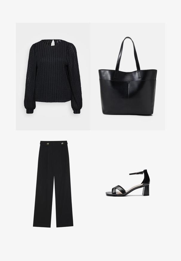 Black ribbed long-sleeve blouse with a round neckline, textured fabric, subtle keyhole back detail, and fitted cuffs.; Black wide-leg trousers with high waist, button details on waistband, and front pleats.; Black open-toe heeled sandal with crossed straps, adjustable ankle strap, and a chunky heel, featuring a smooth leather texture.; Black leather tote bag with two long handles, a smooth texture, and a structured shape. Features a front pocket for additional storage.