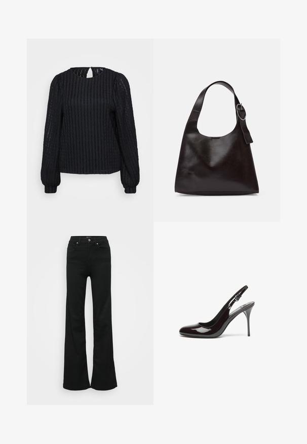 Must jaotustega pikkade varrukatega pluus ümarate kaelustega, tekstuuriga kangas, peene silmaga seljapoolne detail ja istuvad mansetid.; Mustad laiad teksapüksid, valmistatud denimist, kõrge vöökoht, viis taskut ja metallist nööpkinnitus. Sujuv tekstuur väheste detailidega.; Burgundy lakknahk kingad kontsadega, ümmarguse ninaga, peene kõrge kontsaga ja reguleeritava rihmaga. Sile tekstuur läikiva viimistlusega.; Pruun nahkne õlakott sujuva tekstuuriga, ümar kuju, laia rihmaga ja ümara metallise aktsendiga käepidemel.