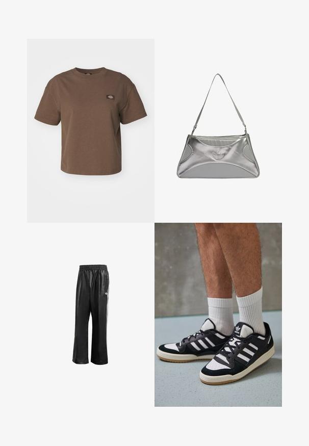 Dickies OAKPORT BOXY TEE - Tricou basic - mushroom; Pantaloni de trening sintetici negri cu talie elastică, având dungi albe pe laturi și un mic logo alb pe şoldul stâng.; Adidași negri și albi cu un superior din suede și piele, prevăzuți cu trei dungi albe, un vârf perforat și o talpă din cauciuc caramel.; Pătrată argintie metalică cu un design elegant și structurat, având un corp texturat, o curea pentru umăr și un accent cu logo embosat.