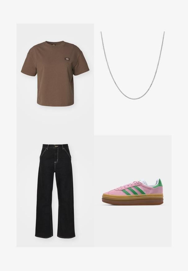 Dickies OAKPORT BOXY TEE - Pamata T-krekls - mushroom; Melnas platajās biksēs, kas izgatavotas no denima, ar kontrastējošas baltas šuves un priekšējo pogu aizdari, kā arī divām slīpajām priekšējām kabatām.; Rozā zamša kedas ar zaļām svītrām, baltām akcentiem un brūnu gumijas zoli. Izstrādātas ar teksturētu audumu un logotipa detaļām sānos.; Sudraba ķēdes kaklarota ar gludu, apaļu, plakanu posmu dizainu. Ir ar spīguļojošu apdari un garums ir aptuveni 20 collas.