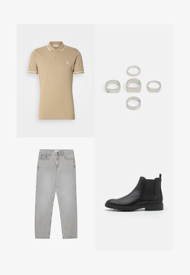 Camisa polo bege feita de algodão com detalhes brancos na gola e nas mangas. Apresenta uma abertura com dois botões e um pequeno logotipo no peito.; Calças de ganga cinza claro com um design de perna reta, estilo de cinco bolsos e fecho com botão. Costura visível ao longo das costuras.; Botim Chelsea em couro preto com painéis laterais elásticos e uma alça, apresentando um bico arredondado e sola de borracha texturizada.; Conjunto de seis anéis metálicos prateados em várias formas, incluindo redondos e quadrados, apresentando texturas suaves e um design minimalista.