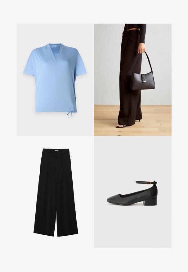 Svetlomodrý top s krátkym rukávom a výstrihom do V, s regulovateľným spodným okrajom. Hladká textúra a voľný strih, vhodný na neformálne nosenie.; Čierne široké nohavice s textúrovanou tkaninou, elastickým pásom a odnímateľným viazaním na páse pre nastaviteľné priliehanie.; Čierne kožené lodičky s špicatou špičkou a nízkym blokovým podpätkom. Obsahuje remienok okolo členka so zlatým prackou. Hladký povrch.; Čierna kabelka so štruktúrovaným tvarom, hladkou textúrou a kovovou sponou. V kombinácii so širokými čiernymi nohavicami a sandálmi s otvorenou špičkou na drevenej podlahe.