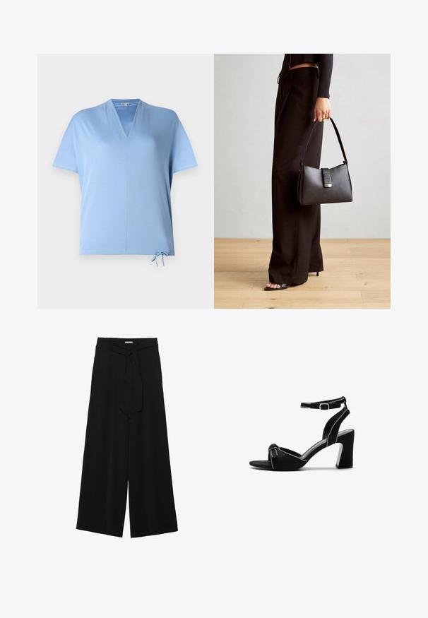 Camisola de manga curta azul clara com decote em V e cordão na bainha. Textura suave e corte descontraído, adequada para uso casual.; Calças largas pretas com um tecido texturizado, uma cintura elástica e um laço destacável na cintura para um ajuste ajustável.; Sandálias de salto alto em camurça preta com um salto bloco largo, tira de tornozelo ajustável, design de ponta aberta e detalhes de costura em contraste.; Bolsa preta com forma estruturada, textura suave e um fecho metálico. Combinada com calças largas pretas e sandálias de salto aberto sobre um chão de madeira.