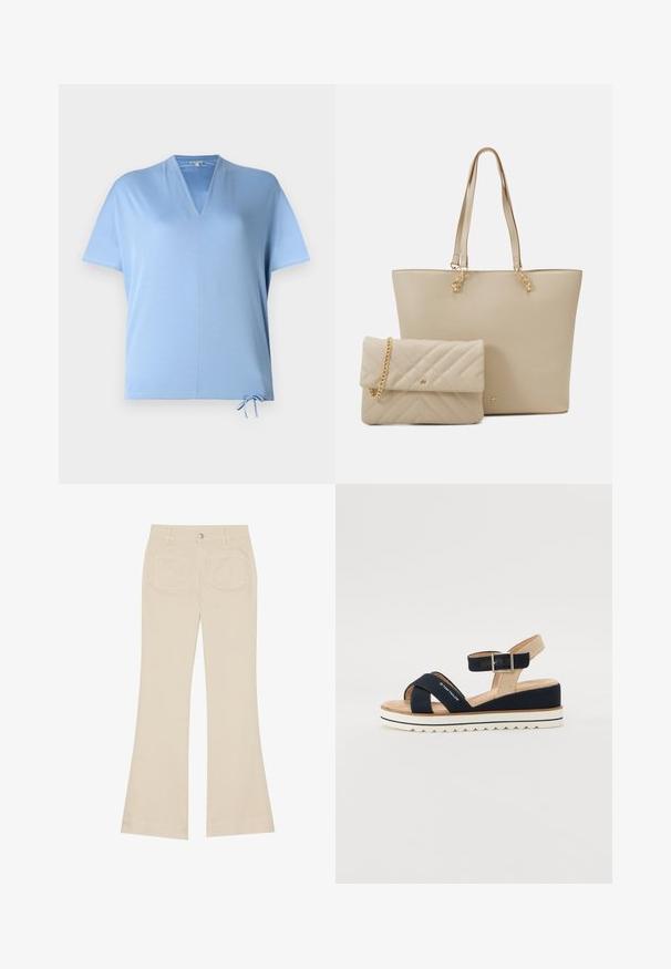Lys blå kortermet topp med V-hals og snøring i nederkant. Glatt tekstur og avslappet passform, egnet for hverdagsbruk.; Beige bukse med vide ben og høy midje, laget av bomullsstoff. Har front- og baklommer, beltehemper og en enkel sølvknapp.; Mørkeblå sandal med to tekstilstropper, justerbar ankelrem og strukturert beige bakdel. Tykk, hvit såle med bølgete kant. Merket trykt på stroppen.; Beige totebag med flate håndtak, glatt tekstur og gullkomponenter, sammen med en matchende quiltet clutch med kjedehåndtak.