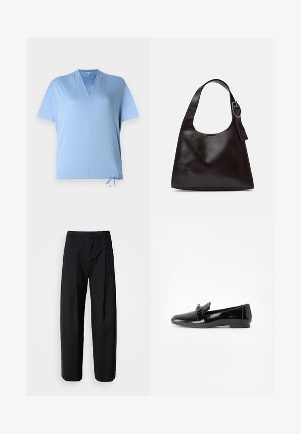 Light blue short-sleeve top with a V-neckline and drawstring hem. Smooth texture and relaxed fit, suitable for casual wear.; Black trousers with a relaxed fit, pleated front, and belt loops. Smooth fabric and straight legs, featuring side pockets.; Black patent leather loafer with a flat sole, rounded toe, and a decorative strap featuring a gold-tone accent. Smooth, shiny finish.; Brown leather shoulder bag with a smooth texture, rounded shape, wide strap, and circular metallic accent on the handle.